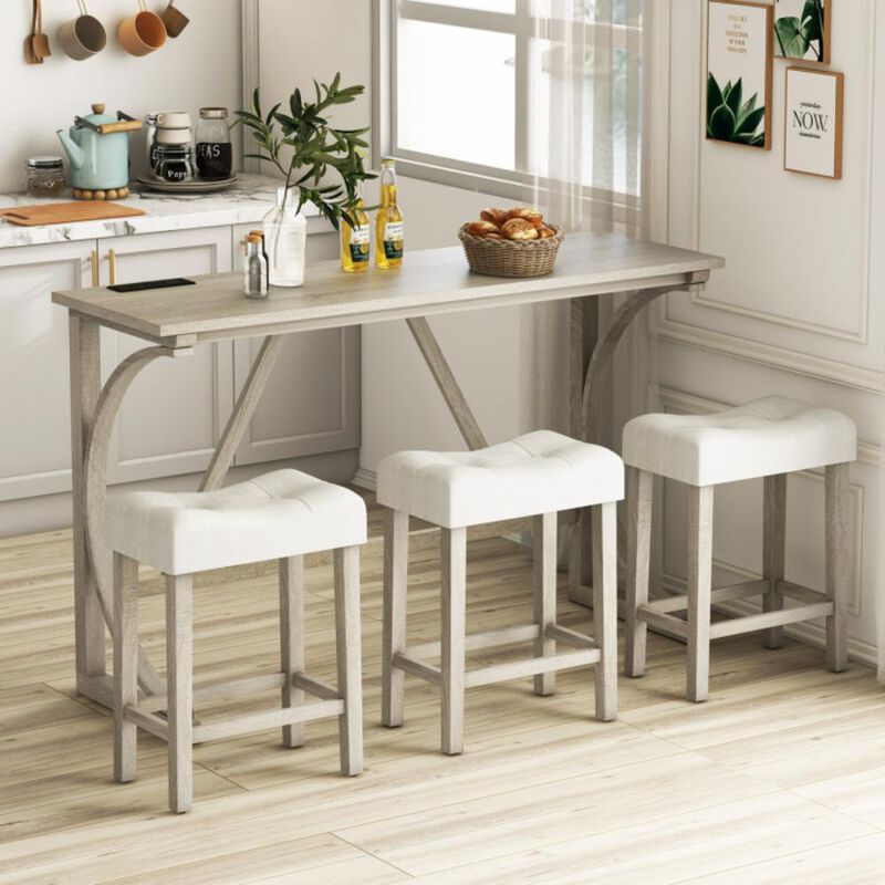 Hivvago 4-Piece Bar Table Set with Power Outlet and Upholstered Saddle Seat Stools