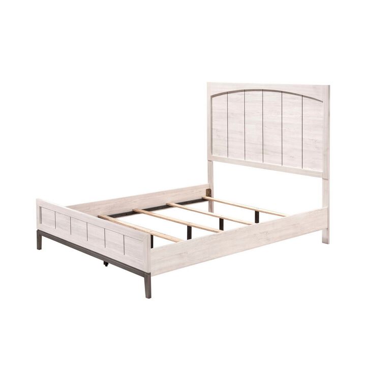 Benjara Vice King Size Bed, Panel Headboard Design, Washed Wood, Light Brown and Gray