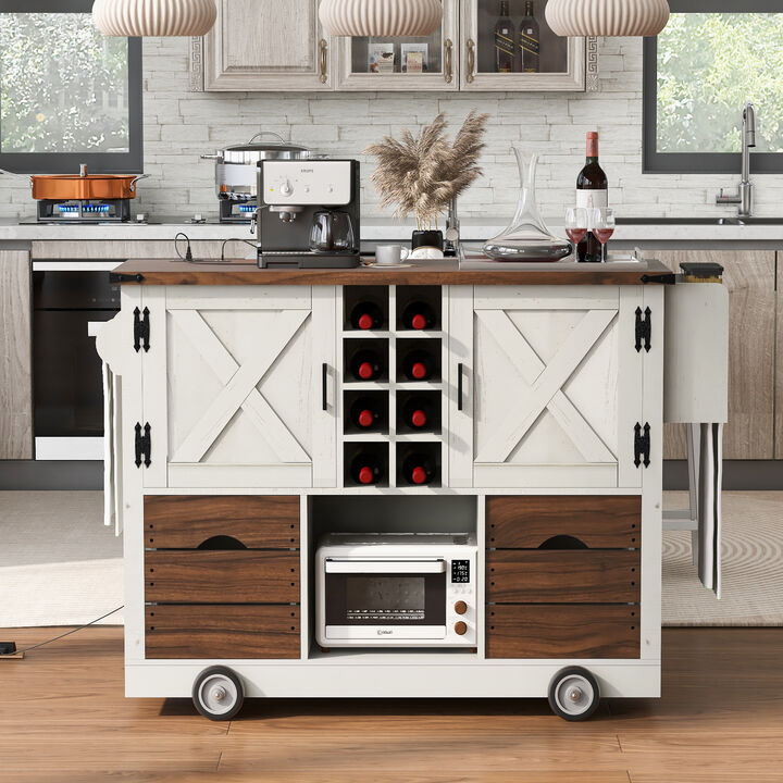 Merax Farmhouse Kitchen Island with Drop Leaf, Power Outlet, Kitchen Storage Cart with 2 Doors, 2 Drawers, Rolling Kitchen Island