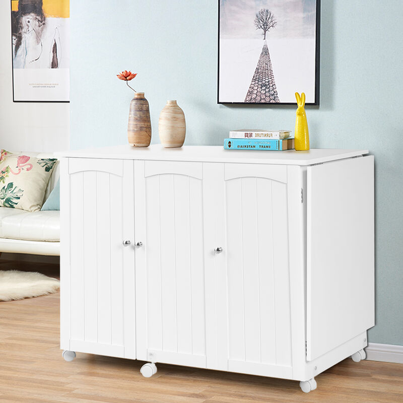 Folding Sewing Table Shelves Storage Cabinet Craft Cart with Wheels image number 2