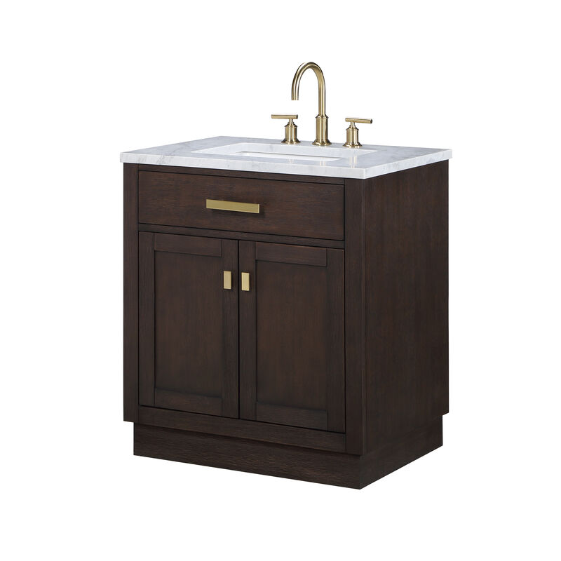 Chestnut 30 In. Single Sink Carrara White Marble Countertop Bath Vanity In Brown Oak with Satin Gold Hardware