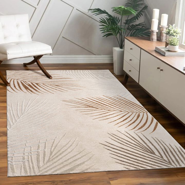 Modern Rug with Textured Palm Leaves in Cream Gold
