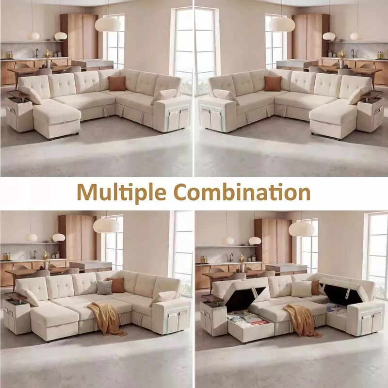 Vipbear 112" U-Shaped 7-Seat Modular Chenille Sectional Sleeper Sofa, Pull Out Bed Reclining Couch image number 5