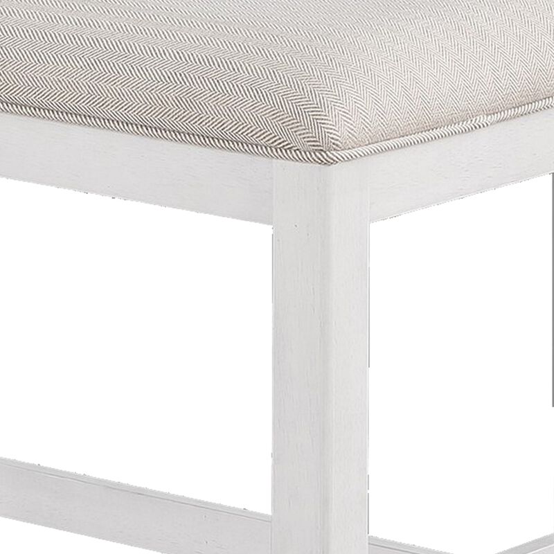 Kith 42 Inch Counter Height Dining Bench, Seat Cushion, Beige Fabric, White-Benzara