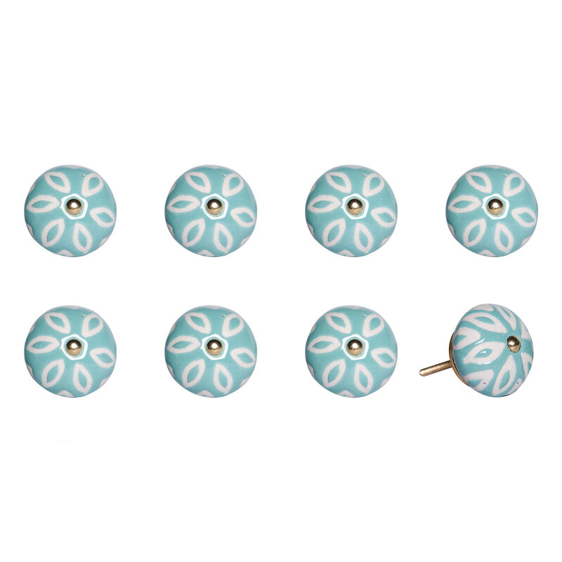 HomeRoots Set of Eight Turquoise And White Ceramic And Metal Drawer Pull Knobs image number 3