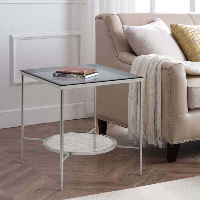 End Table with Textured Round Shelf, Silver