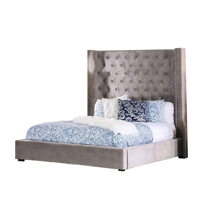 Simple Relax Velvet-like Fabric Queen Bed with Wingback Headboard in Gray