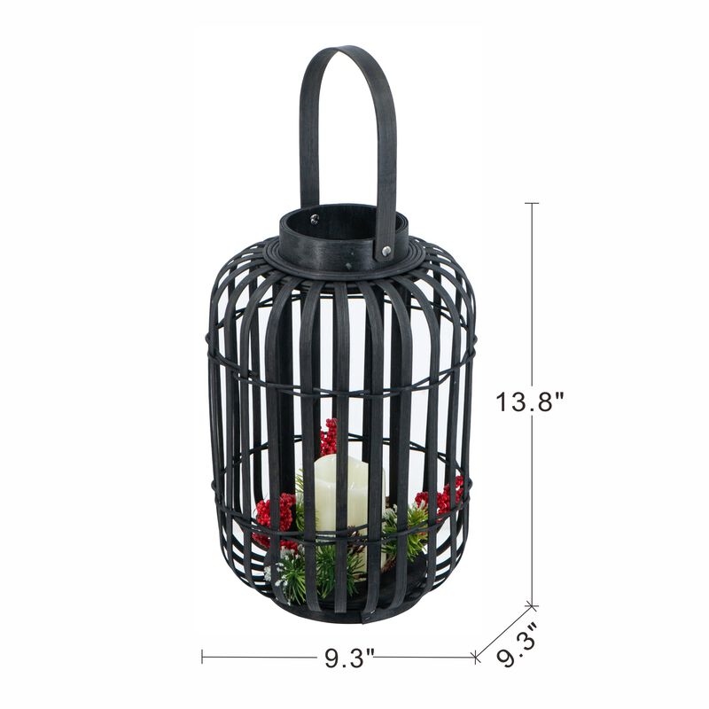 Clihome 9.3x9.3x13.8" Black Bamboo Lantern with White LED Candle