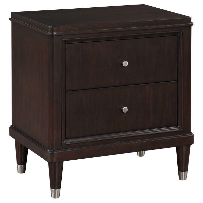 Amber Nightstand, 2 Drawers, Round Metal Knobs, Tapered Legs, Brown Wood - Benzara