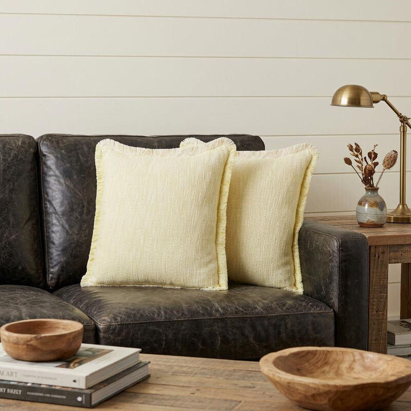 HomeRoots Set of Two 20" Lemon Cotton Throw Pillows with Fringe image number 1