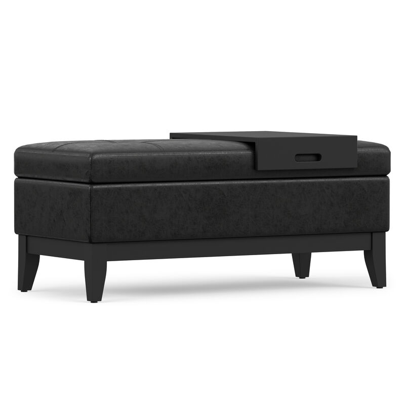 Oregon 42 inch Wide Transitional Rectangle Storage Ottoman Bench with Tray in Distressed Black Vegan Faux Leather, Assembled image number 7
