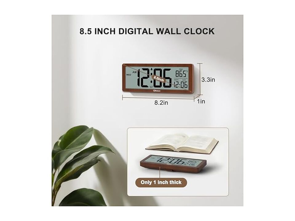 Digital Backlight Temperature Date Day Wall Clock 5 Inch Brown Battery Operated