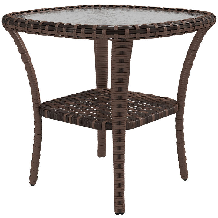 Outsunny Rattan Coffee Table with Storage Shelf, Wicker Side Table with Glass Top, Outdoor End Table for Garden, Porch, Backyard, Mix Brown