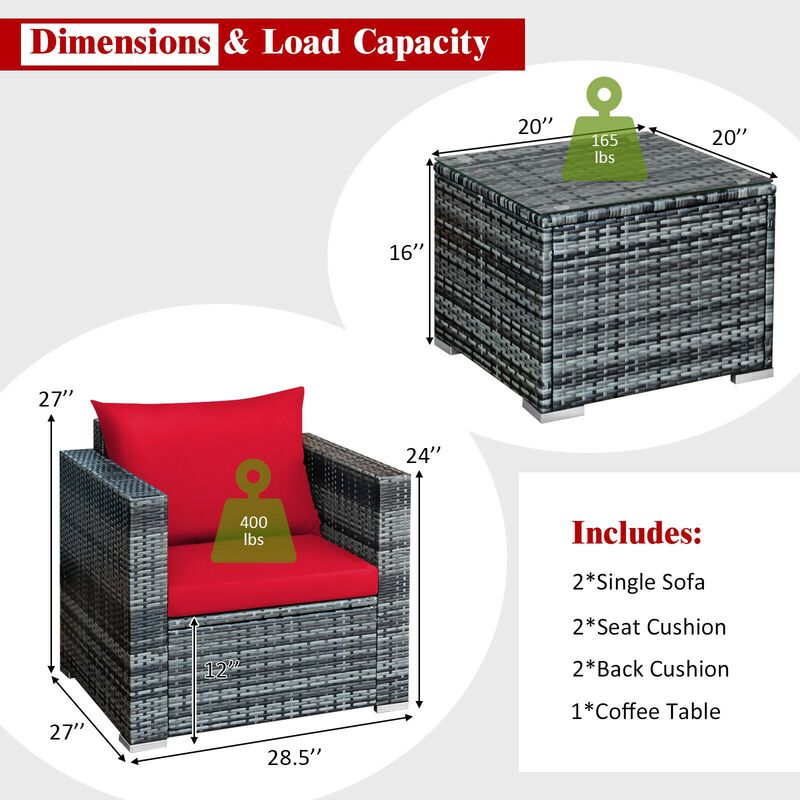 3 Pcs Patio Rattan Furniture Bistro Sofa Set with Cushioned