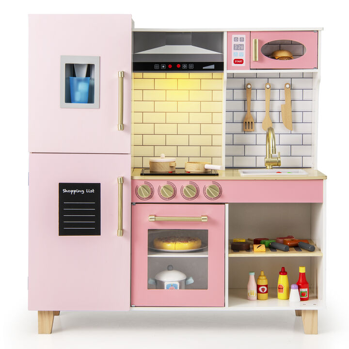 Pretend Play Kitchen with Ice Maker, Range Hood, and Blackboard Interactive Toy for Kids