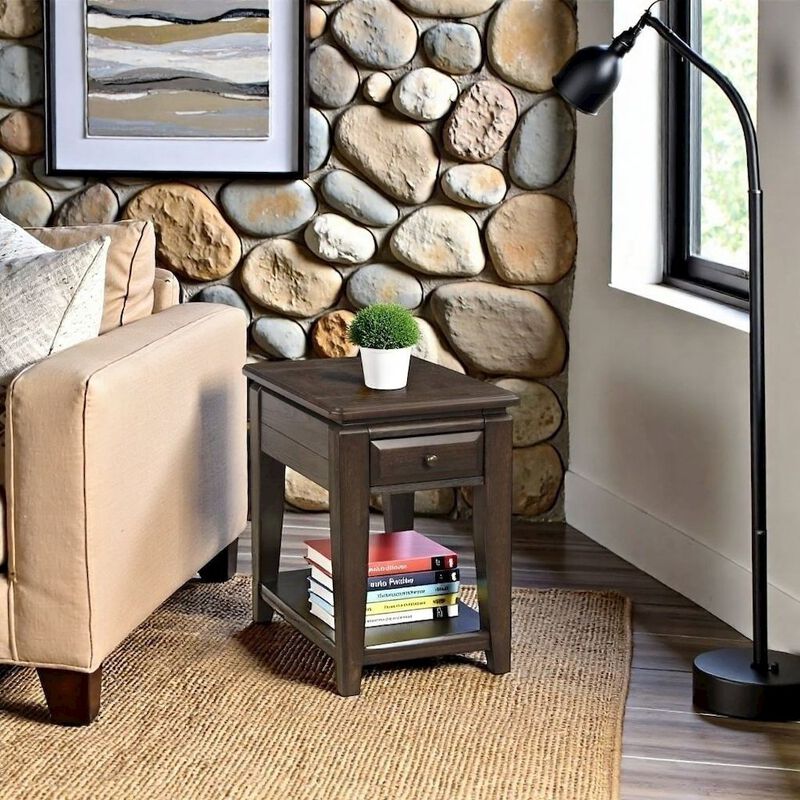 FurniFact Mahogany Side Table with 1 Drawer &ndash; Wooden Table for Bedroom or Living Room image number 3