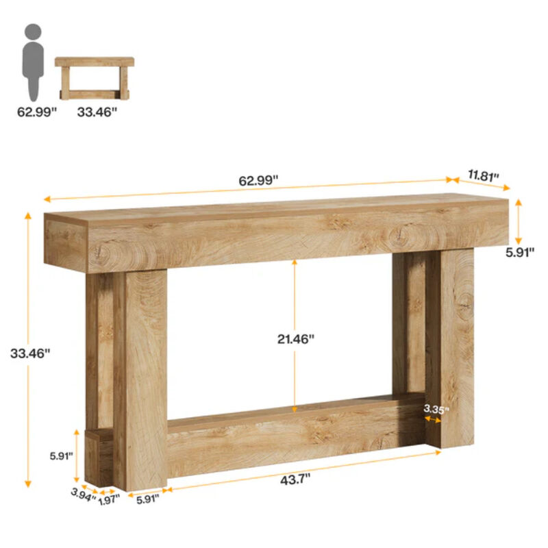 63 Inch Farmhouse Console Table, 2-Tier Entryway Table-Brown