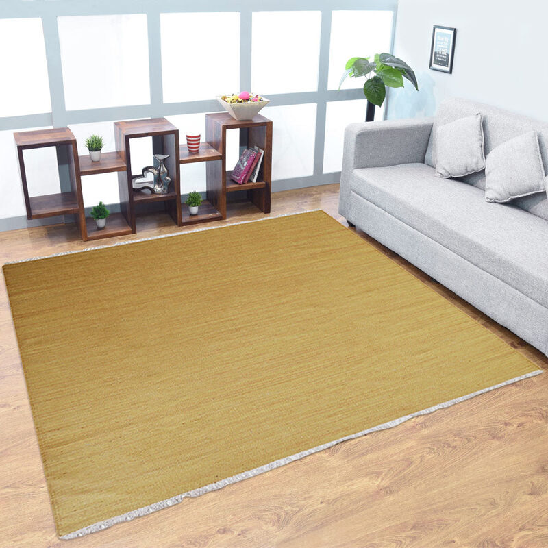 Rugsotic Carpets Hand Woven Flat Weave Kilim Wool 8'x8' Square Area Rug Solid Gold D00111