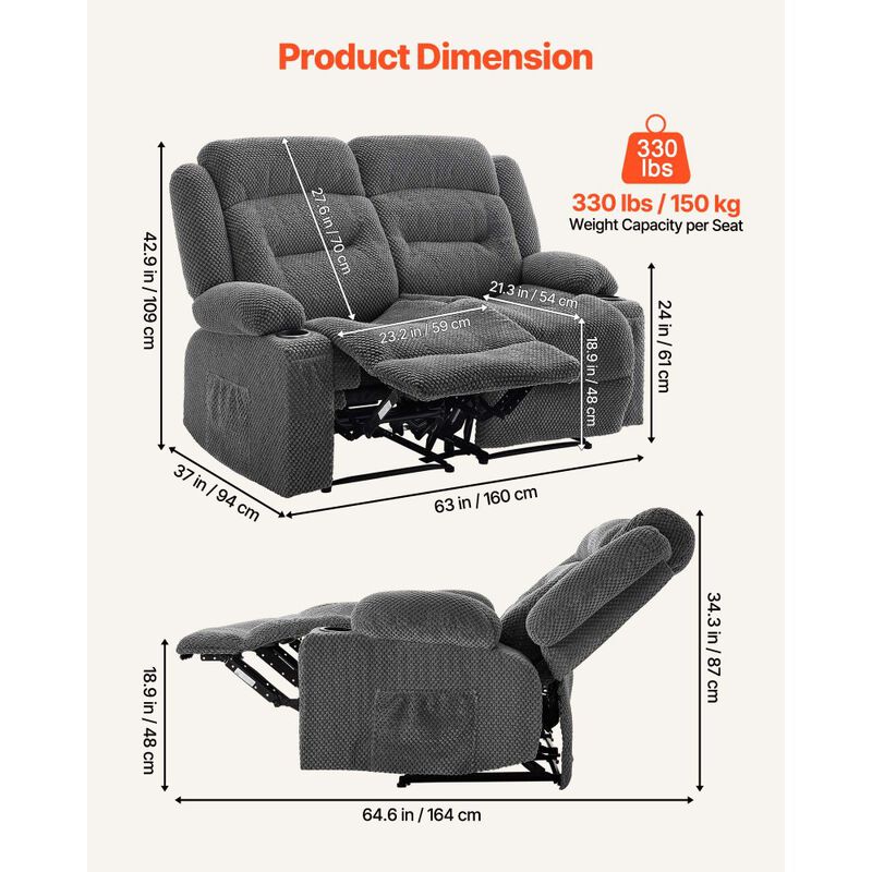 Reclining Loveseat Sofa with Heat Massage, USB Ports, Side Pockets and Cup Holders-Grey image number 2