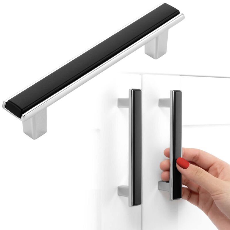 BEROSSA Black and Chrome Cabinet Pulls, Kitchen Cabinet Handles, 3-3/4 Inch Screw Spacing, Pack of 5 | Solid 2 Color Hardware fo
