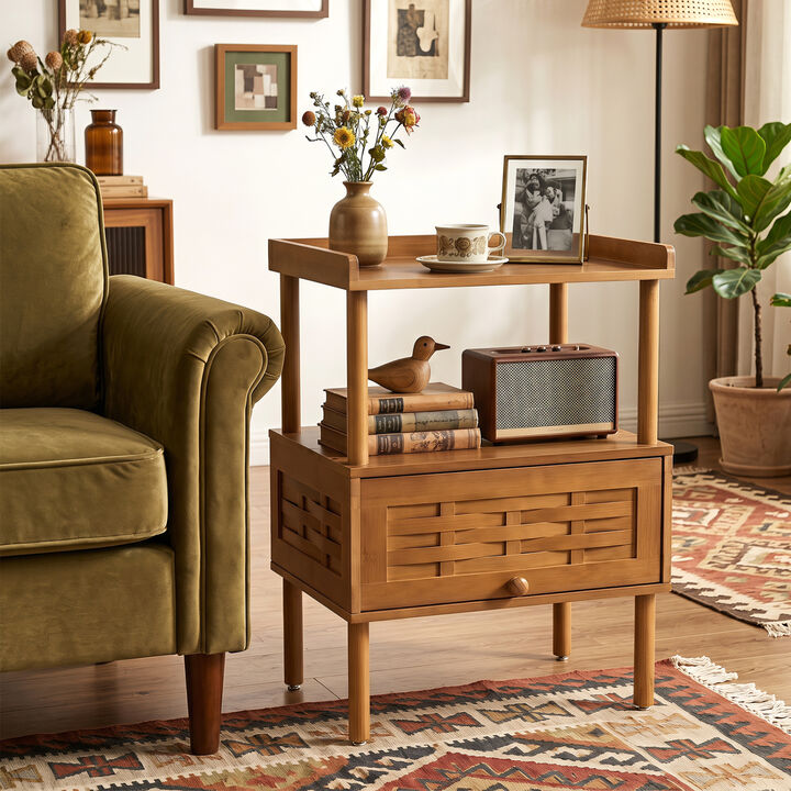Bamboo Rattan Nightstand with Raised Edge Flip-Up Door and Open Shelf