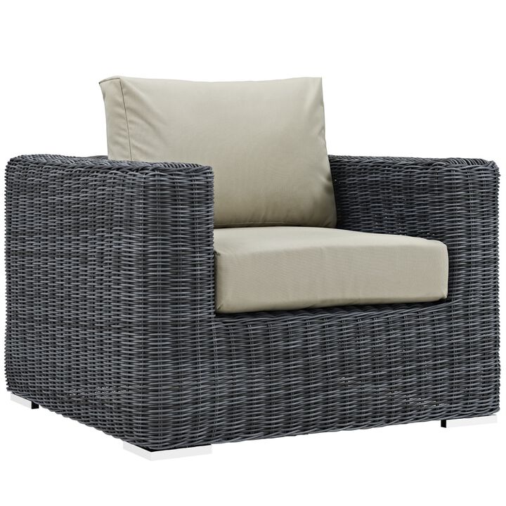 Summon Outdoor Patio Sectional Sofa Set - Two-Tone Rattan, Sunbrella Cushions, Aluminum Frame - Includes Ottoman and Armchairs