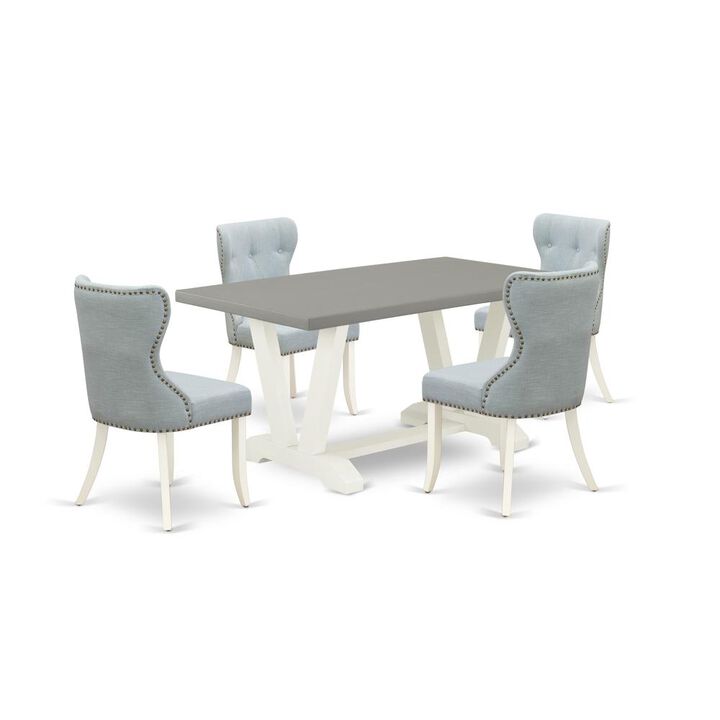 East West Furniture V096SI215-5 5-Piece Kitchen Dining Set- 4 Dining Chair with Baby Blue Linen Fabric Seat and Button Tufted Chair Back - Rectangular Table Top & Wooden Legs - Cement and Linen White