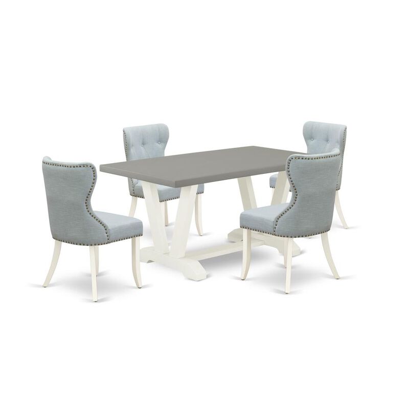 East West Furniture V096SI215-5 5-Piece Kitchen Dining Set- 4 Dining Chair with Baby Blue Linen Fabric Seat and Button Tufted Chair Back - Rectangular Table Top & Wooden Legs - Cement and Linen White