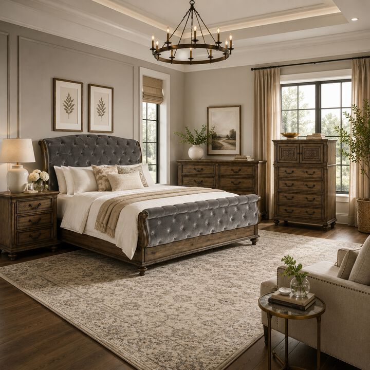 Queen Bedroom Set, Gray, Brown Wood, 4 Piece Set with Nightstand, Dresser, and Chest