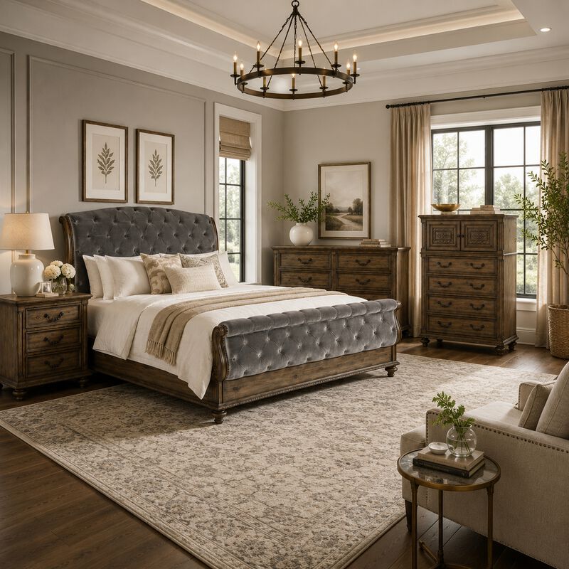 Queen Bedroom Set, Gray, Brown Wood, 4 Piece Set with Nightstand, Dresser, and Chest image number 1