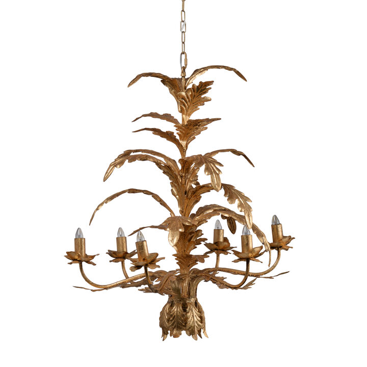 26 Inch 6 Light Chandelier, Iron, Cascading Leaves, Vintage, Classic, Gold-Benzara