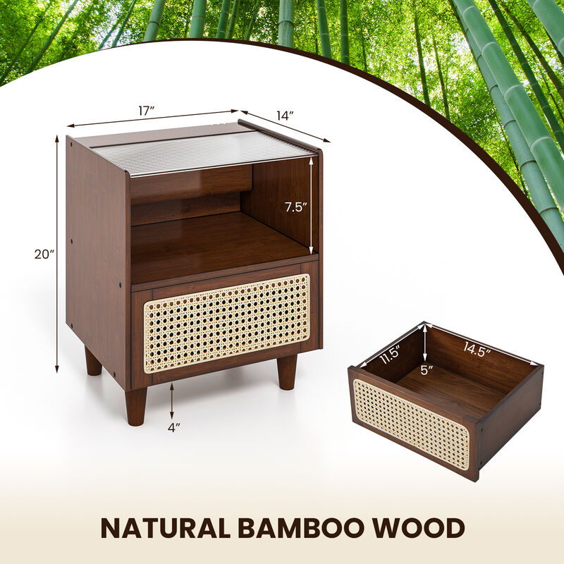 Set of 2 Bamboo Rattan Nightstand with Drawer and Solid Wood Legs