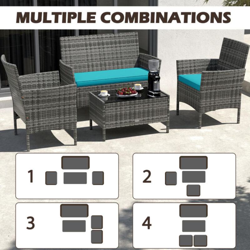 Hivvago 4 Pieces Patio Rattan Conversation Set with Tempered Glass Coffee Table-Red