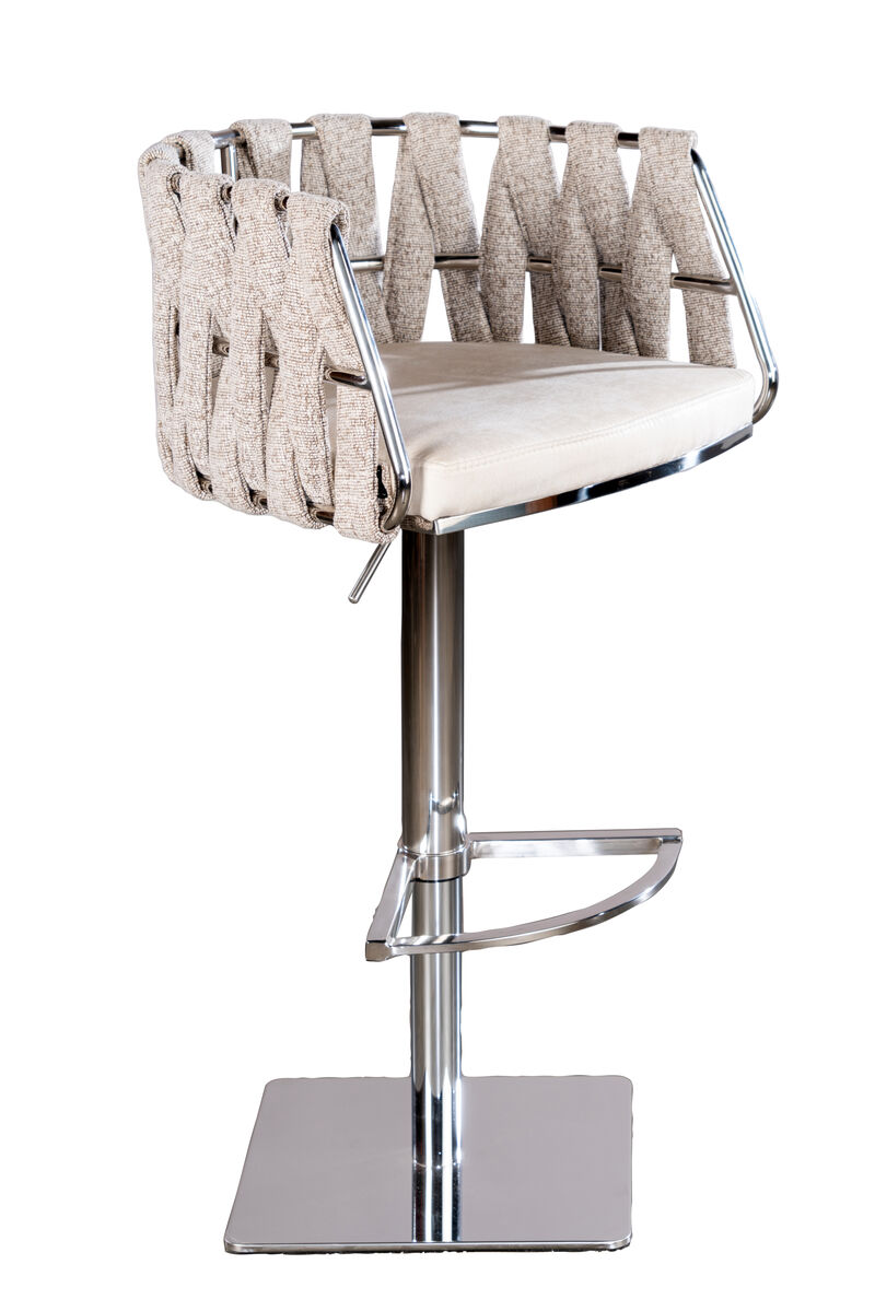 HomeRoots Off White and Silver Faux Leather Linen and Steel Low Back Adjustable Height Swivel Bar Chair image number 0