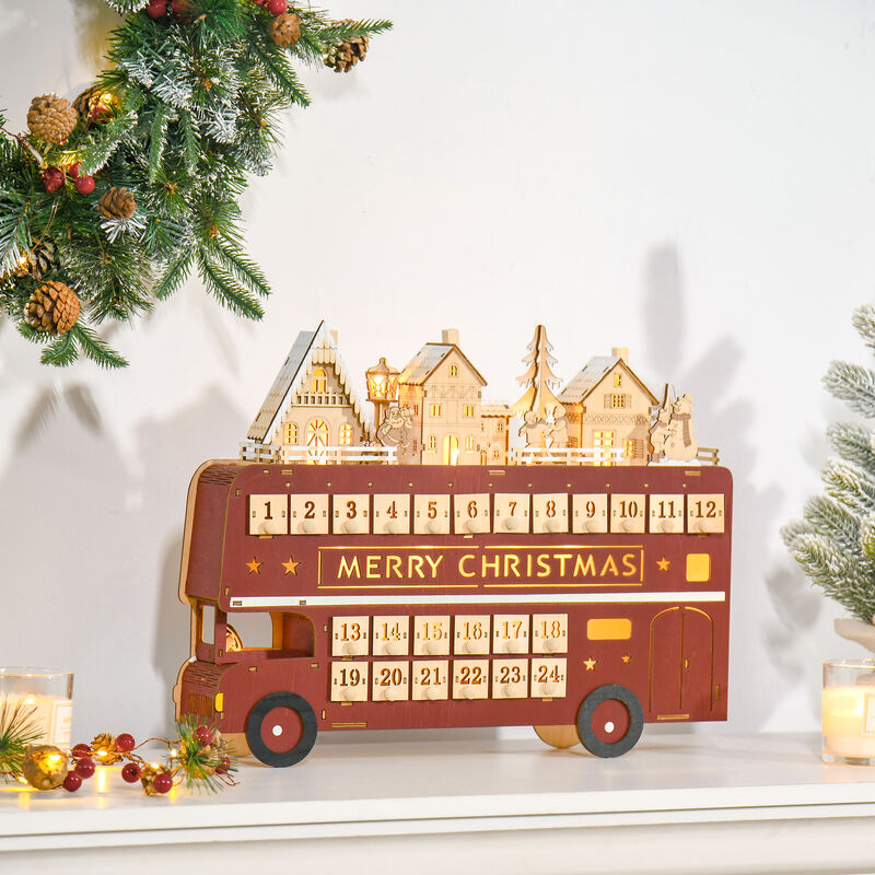 Christmas Advent Calendar, Light Up Wooden Bus Decoration w/ Village & Drawers