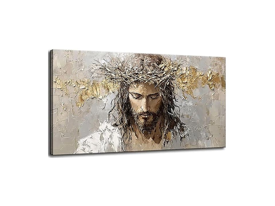 Large Jesus Portrait Canvas Wall Art Abstract Gold Thorns Decor Beige Gray God