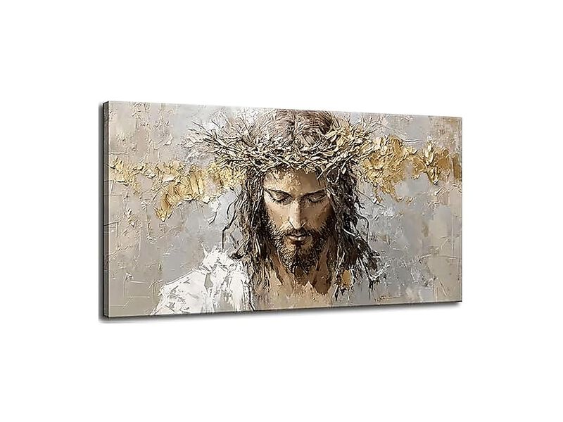 Large Jesus Portrait Canvas Wall Art Abstract Gold Thorns Decor Beige Gray God image number 0
