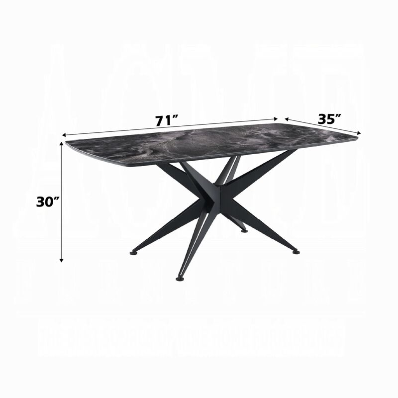 Laus Dining Table, 71 Inch Crystal Glass Top, Black Geometric Base