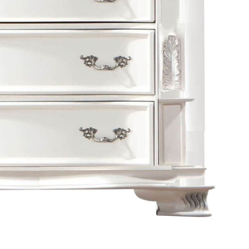 Prio Tall Dresser Chest, 5 Drawers, Classic Wood Carvings, Pearl White