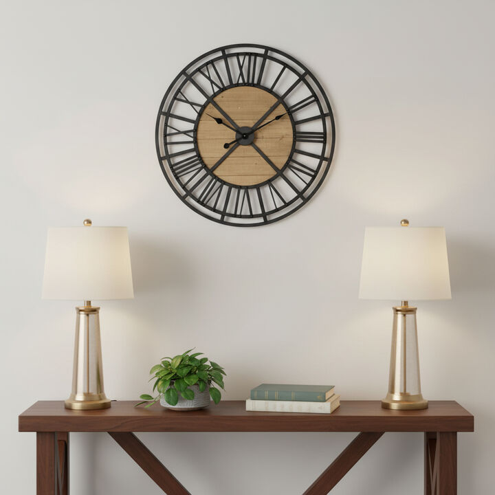HomeRoots 30" Black And Natural Iron And Wood Analog Round Wall Clock