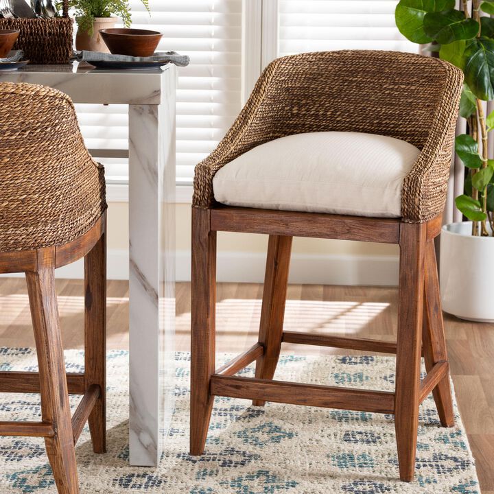 bali & pari Jasper Seagrass Counter Stool with Mahogany Wood Frame - Coastal Seating with Woven Wingback and Cushioned Seat for Kitchen Island or Breakfast Bar