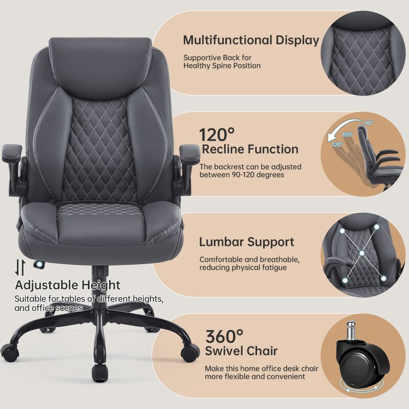 Ergonomic Leather Office Chair with Flip-Up Armrests, Lumbar Support, Swivel & Rocking &ndash; Home Office Desk Chair image number 5