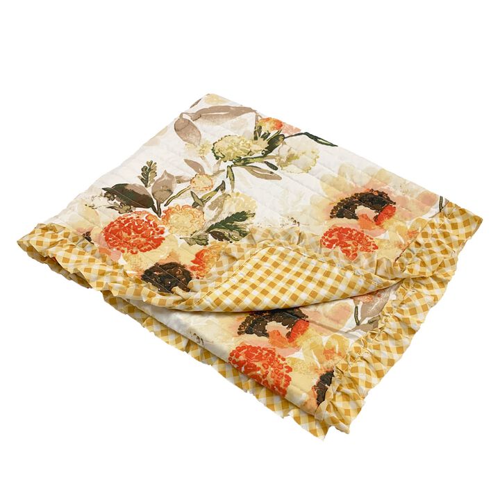 Kelsa 50 x 60 Channel Quilted Throw Blanket, Cotton Fill, Gold Sunflowers-Benzara