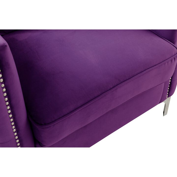 Zion 73 Inch Modern Sofa, Button Tufted Purple Velvet with Nailhead Trim - Benzara