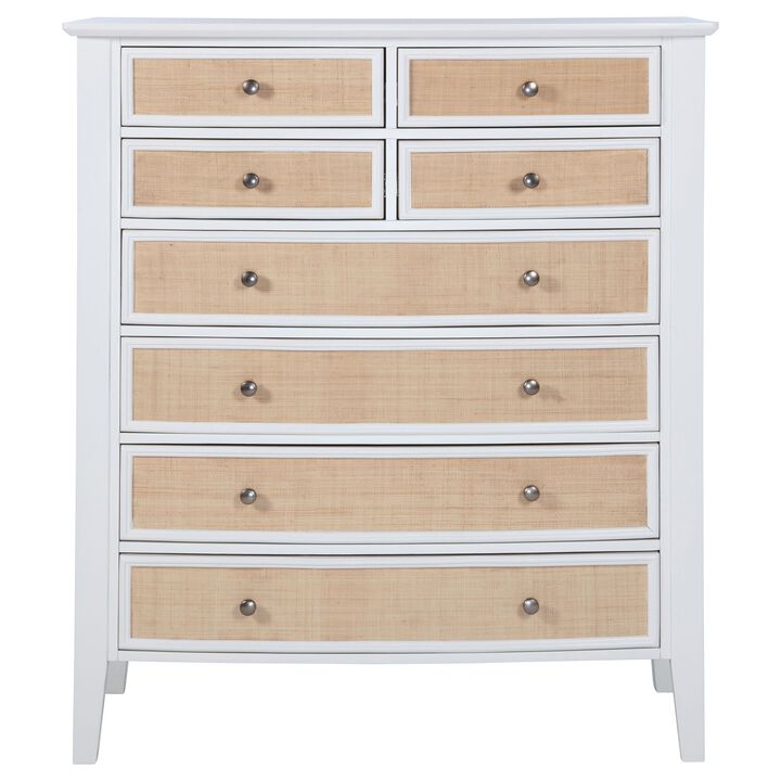 Heo Tall Dresser Chest, 8 Drawers, Rattan Woven Curved Front, White - Benzara