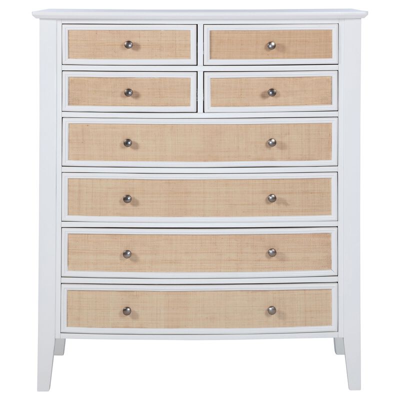 Heo Tall Dresser Chest, 8 Drawers, Rattan Woven Curved Front, White - Benzara