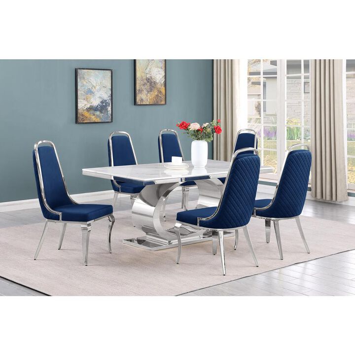 7pc Large(68") marble top dining set with silver base and 6 Navy blue chairs