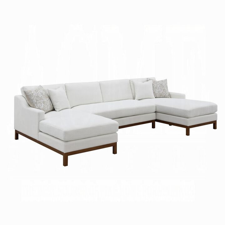 Liant U Shape Sectional Sofa, 4 Toss Pillows, Ivory Chenille, 127 Inch - Benzara
