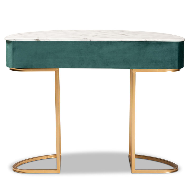 Baxton Studio Beale Green Velvet Upholstered 1 Drawer Console Table With Faux Marble Tabletop