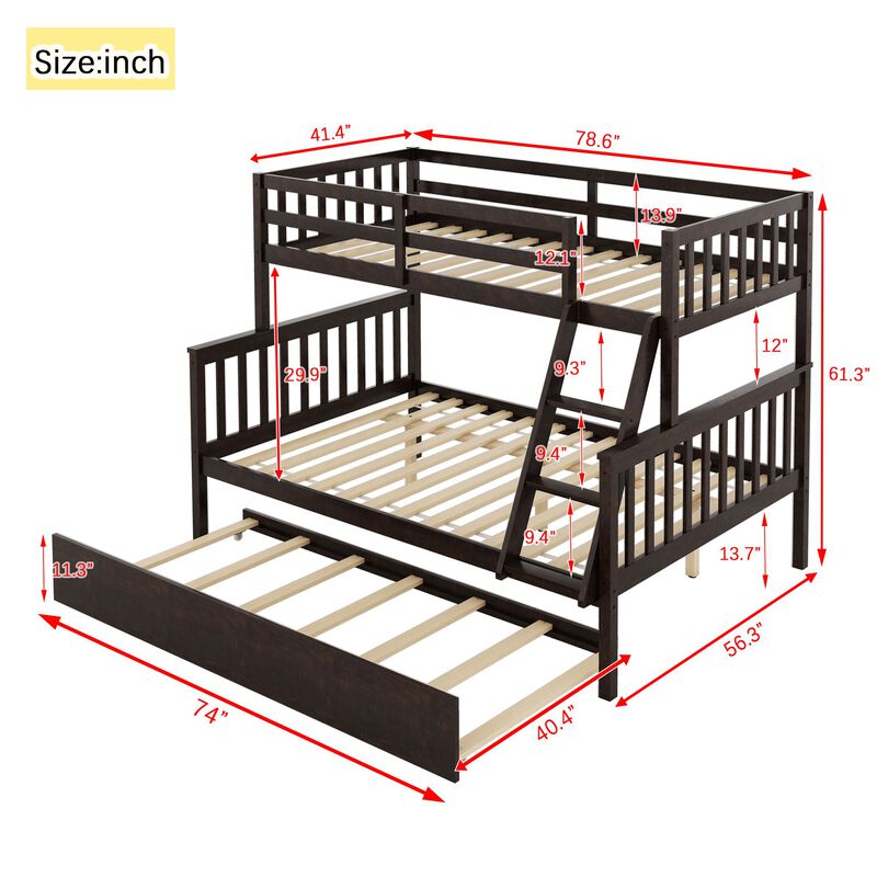 Whisen Twin Over Full Rubber Wood Bunk Bed with Trundle